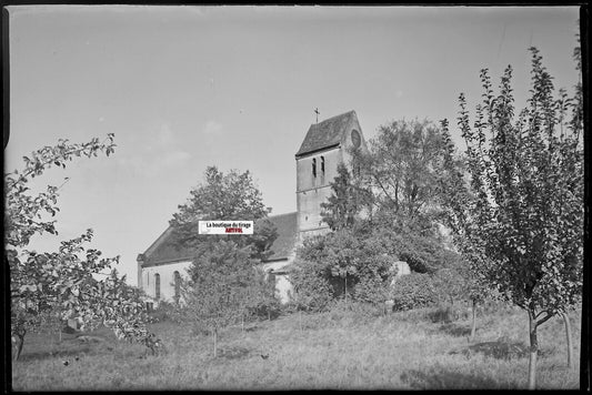 Eglise de Pfettisheim, Plaque verre photo vintage, négatif noir & blanc 10x15 cm