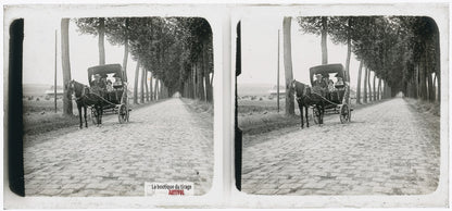 Promenade, voiture hippomobile, plaque verre photo ancienne stéréo 6x13 cm