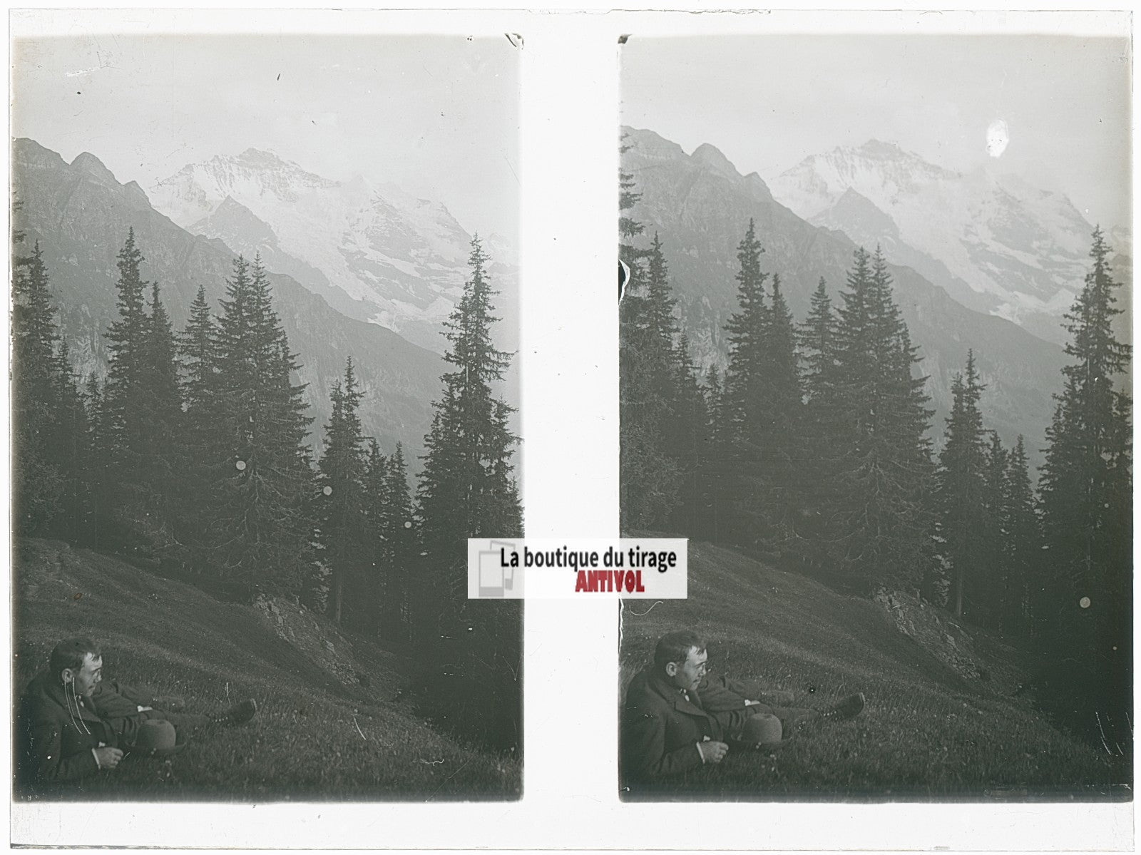 Alpiniste, Alpes Suisse, stéréo photo plaque verre, noir & blanc, 9x12 cm