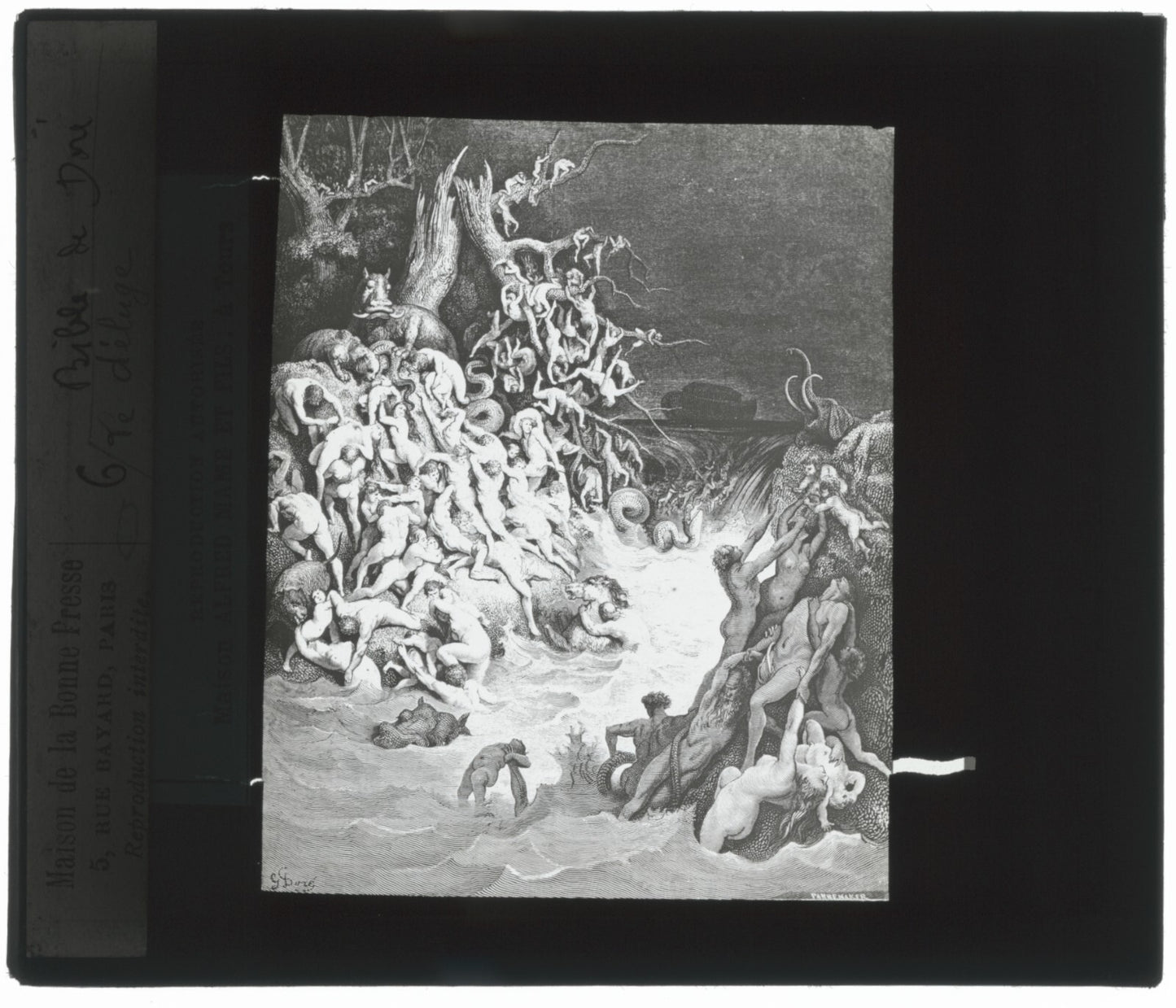 Le déluge, Bible de Doré, dessin, plaque de verre, positif 8,5x10 cm