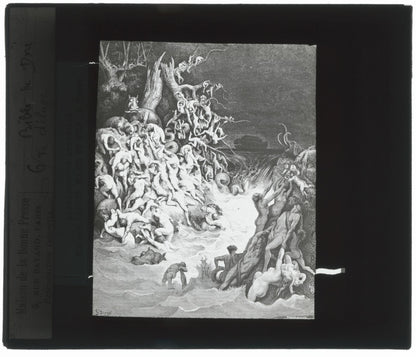 Le déluge, Bible de Doré, dessin, plaque de verre, positif 8,5x10 cm