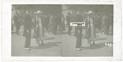 Personnages, Longchamp, Paris, plaque verre stéréoscopique, positif 8,5x17 cm