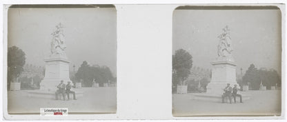 Paris, jardin des Tuileries, plaque verre stéréo, photo ancienne 4,5x10,7 cm