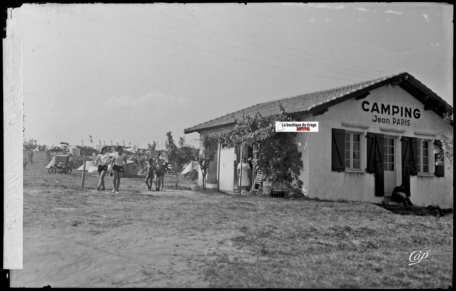 Bidart, camping Jean Paris, Plaque verre photo, négatif noir & blanc 9x14 cm