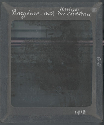 Bargème, ruines château, photo ancienne plaque de verre, positif 8,5x10 cm