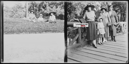 Famille, jardin, nature, campagne, photo ancienne plaque verre, négatif 9x18 cm