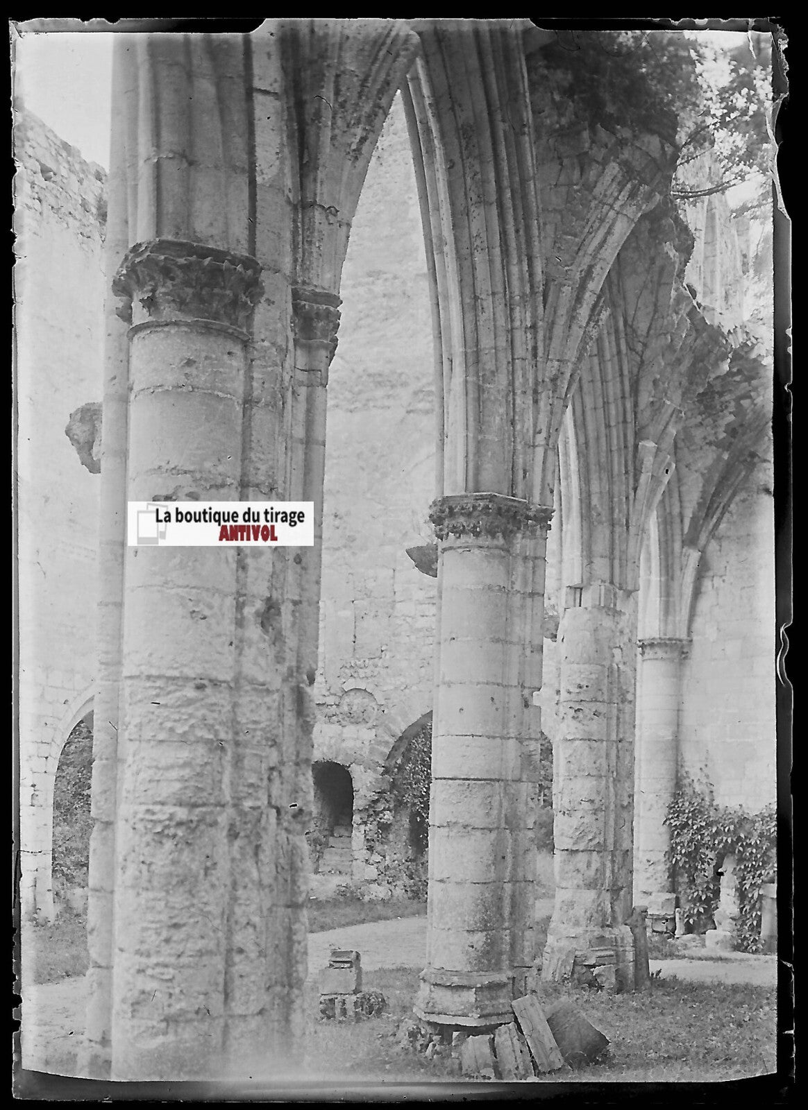 Abbaye de Jumièges, Plaque verre photo ancienne, négatif noir & blanc 6x9 cm