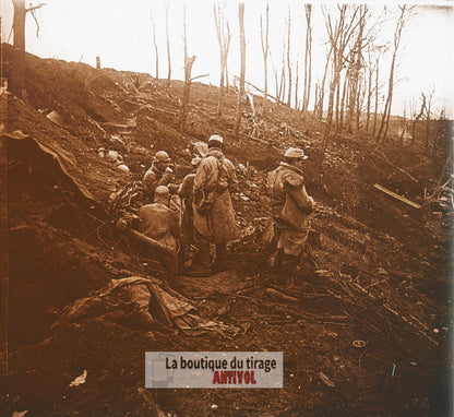 Les Éparges, abris en mars 1915, WW1, plaque verre photo ancienne stéréo 6x13 cm