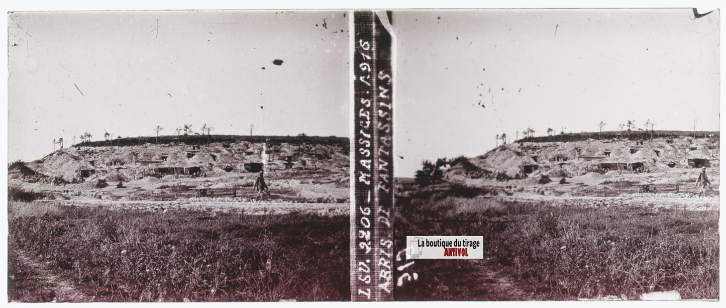 Massiges, fantassins, 1916 WW1, plaque verre stéréo, photo ancienne 4,5x10,7 cm