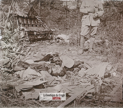 Avion allemand abattu, guerre WW1, plaque verre stéréo, photo 4,5x10,7 cm