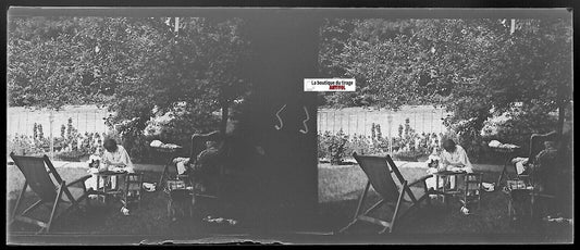 Parc, détente, Plaque verre photo stéréo, négatif noir & blanc 4,5x10,7 cm