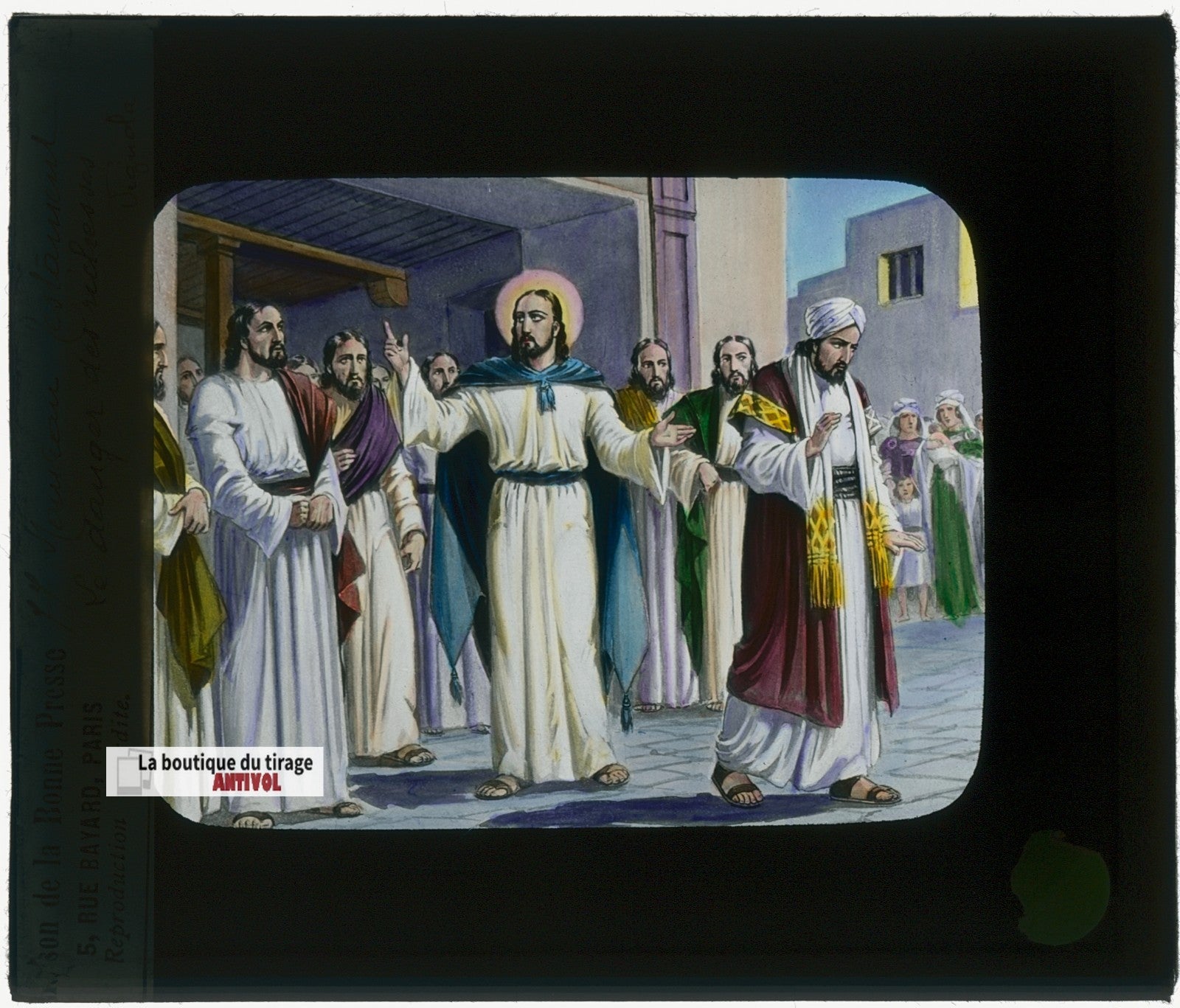 Le danger des richesses, Jésus, dessin, plaque verre ancienne, couleur 8,5x10 cm