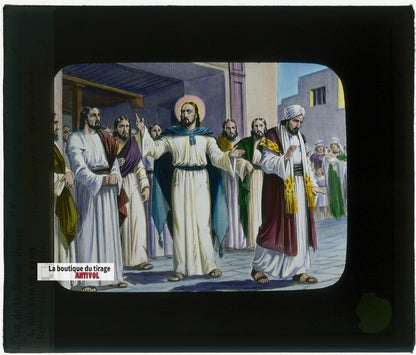 Le danger des richesses, Jésus, dessin, plaque verre ancienne, couleur 8,5x10 cm
