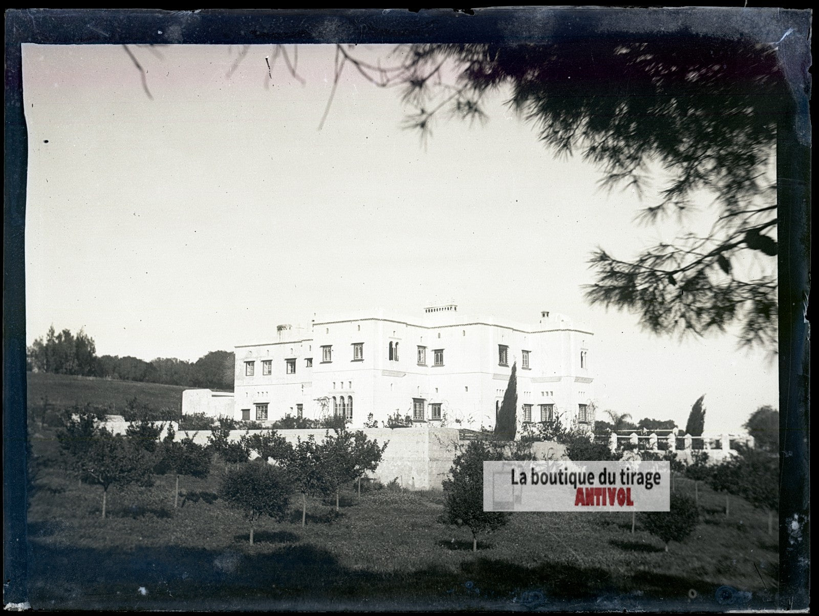Grande villa coloniale, Algérie, plaque verre photo ancienne, négatif 9x12 cm