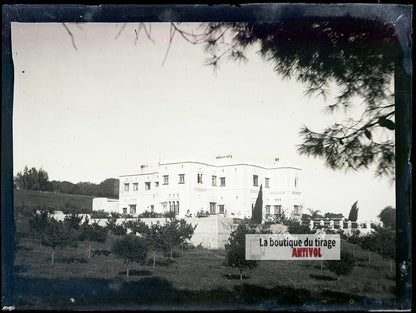 Grande villa coloniale, Algérie, plaque verre photo ancienne, négatif 9x12 cm