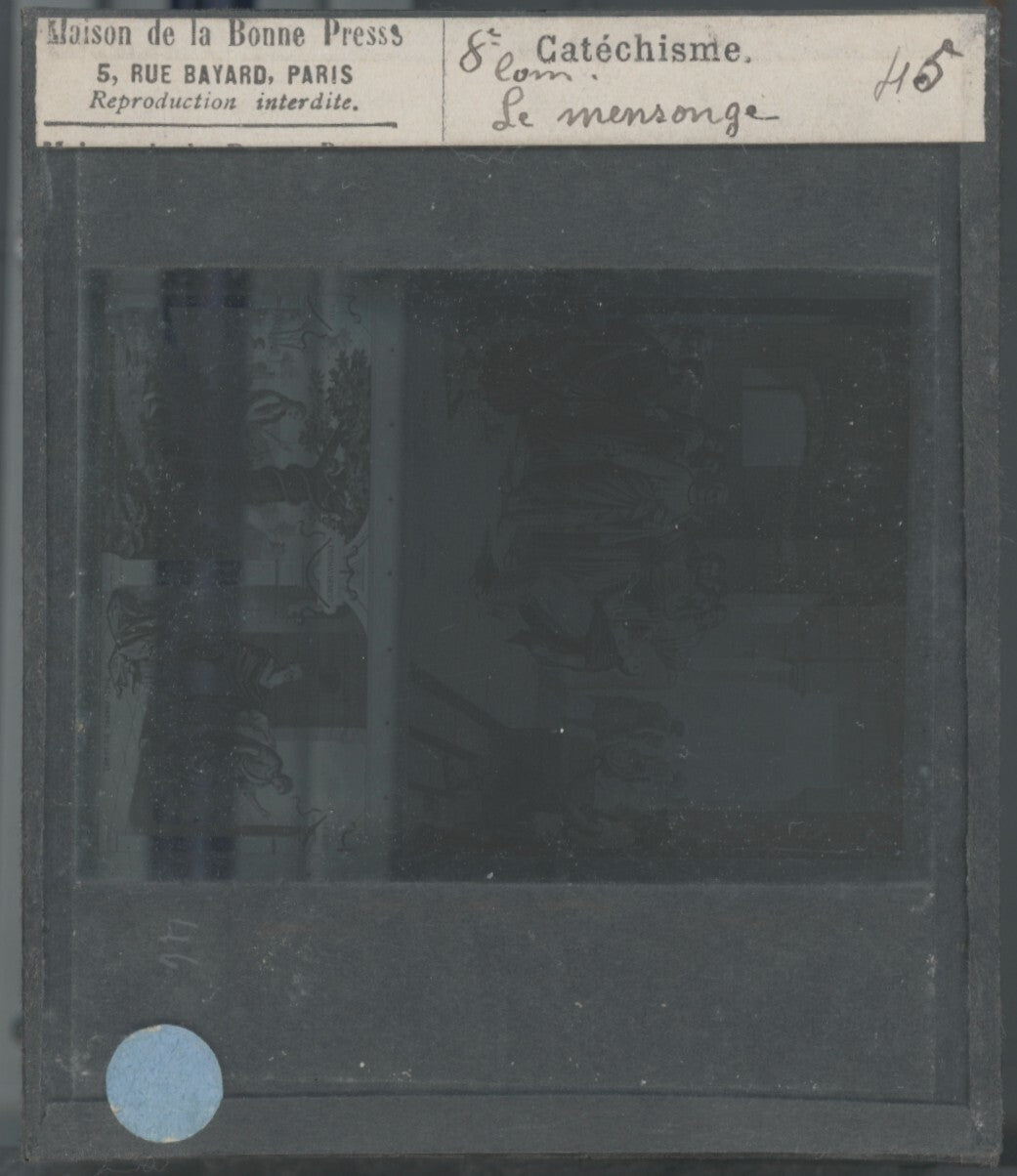 Scène religieuse, catéchisme, dessin peinture, plaque verre, positif 8,5x10 cm