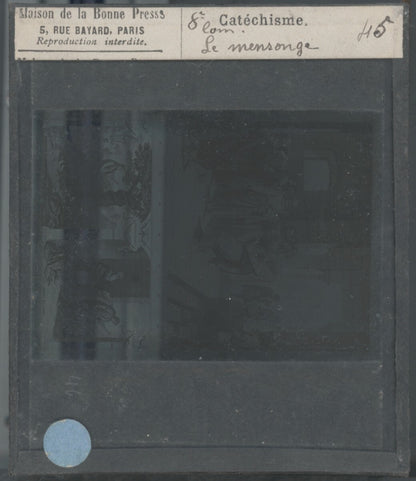 Scène religieuse, catéchisme, dessin peinture, plaque verre, positif 8,5x10 cm