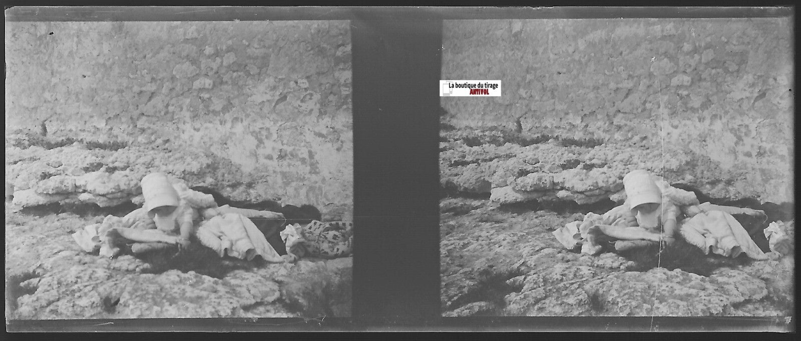 Bébé enfant,Plaque verre photo stéréoscopique, négatif noir & blanc 4,5x10,7 cm