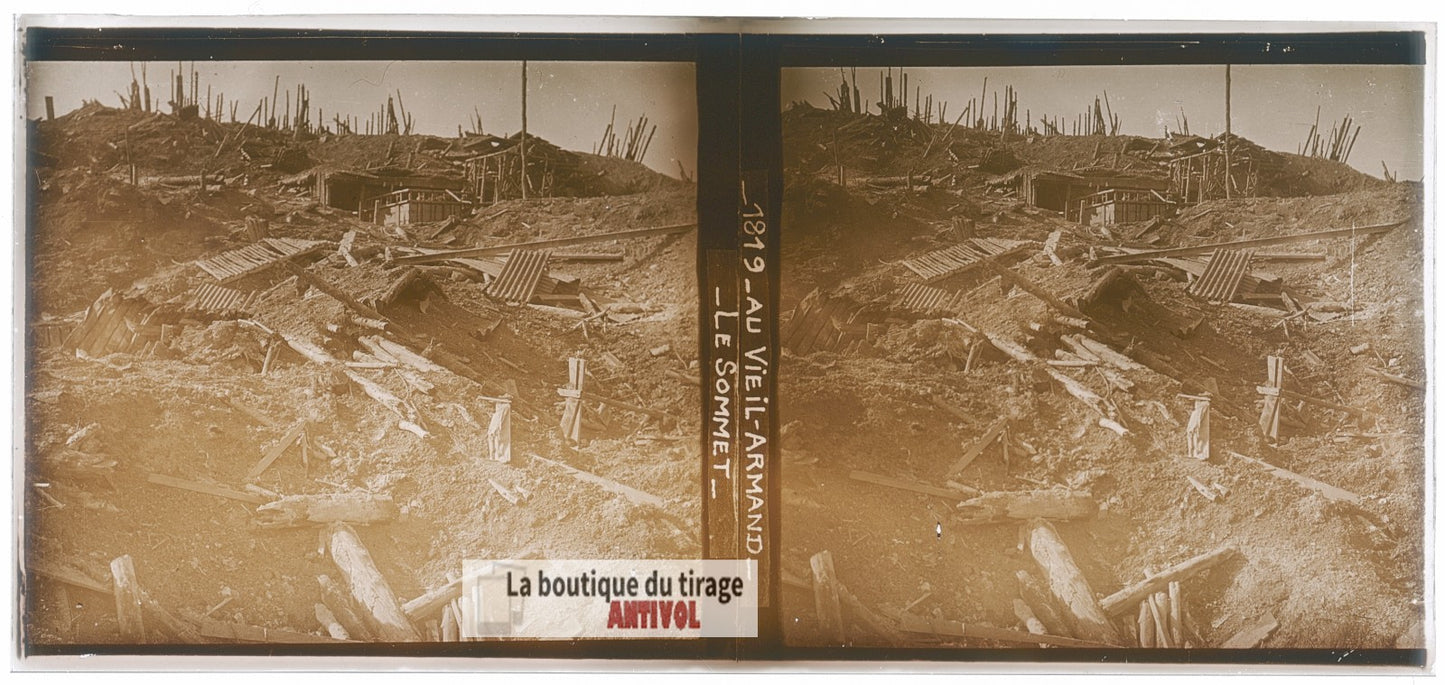 Au Vieil-Armand, Vosges, guerre WW1, plaque verre photo ancienne stéréo 6x13 cm