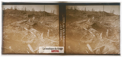 Au Vieil-Armand, Vosges, guerre WW1, plaque verre photo ancienne stéréo 6x13 cm