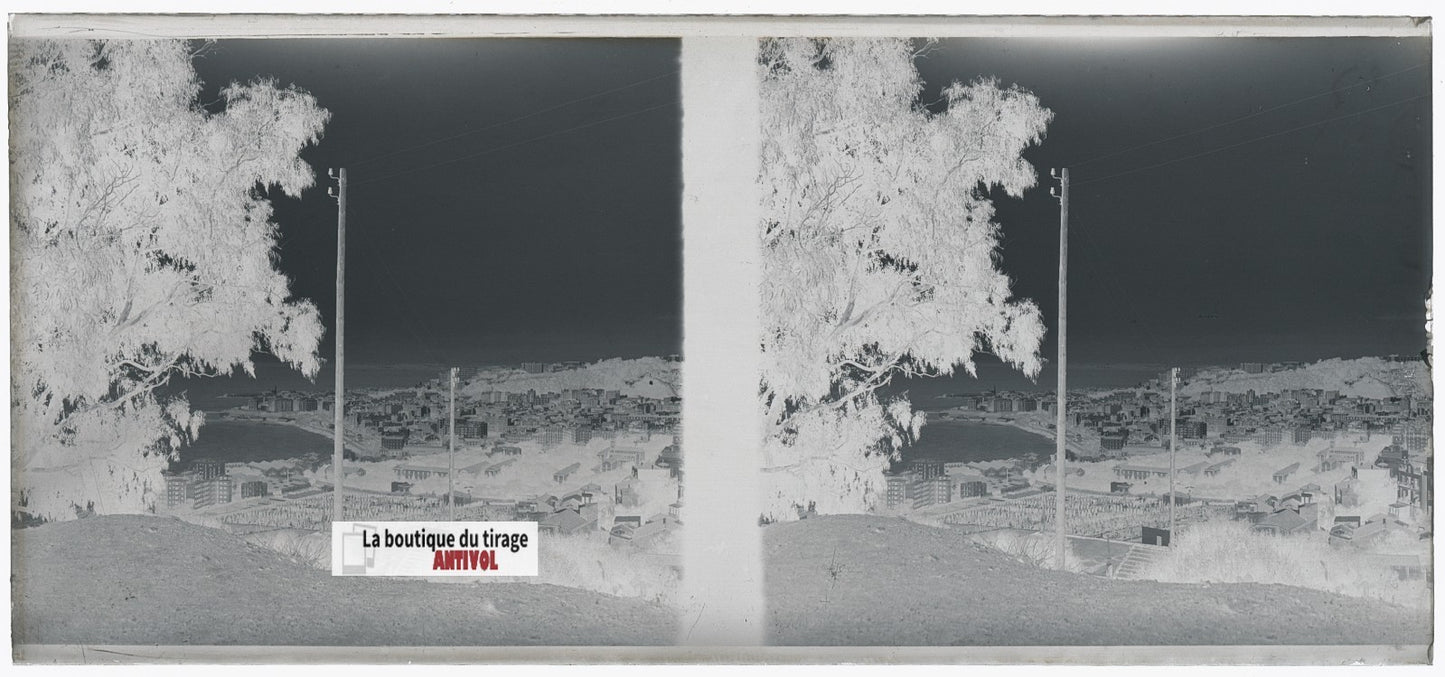 Algérie, Alger mer, plaque verre, photo stéréo, négatif N&B 6x13 cm