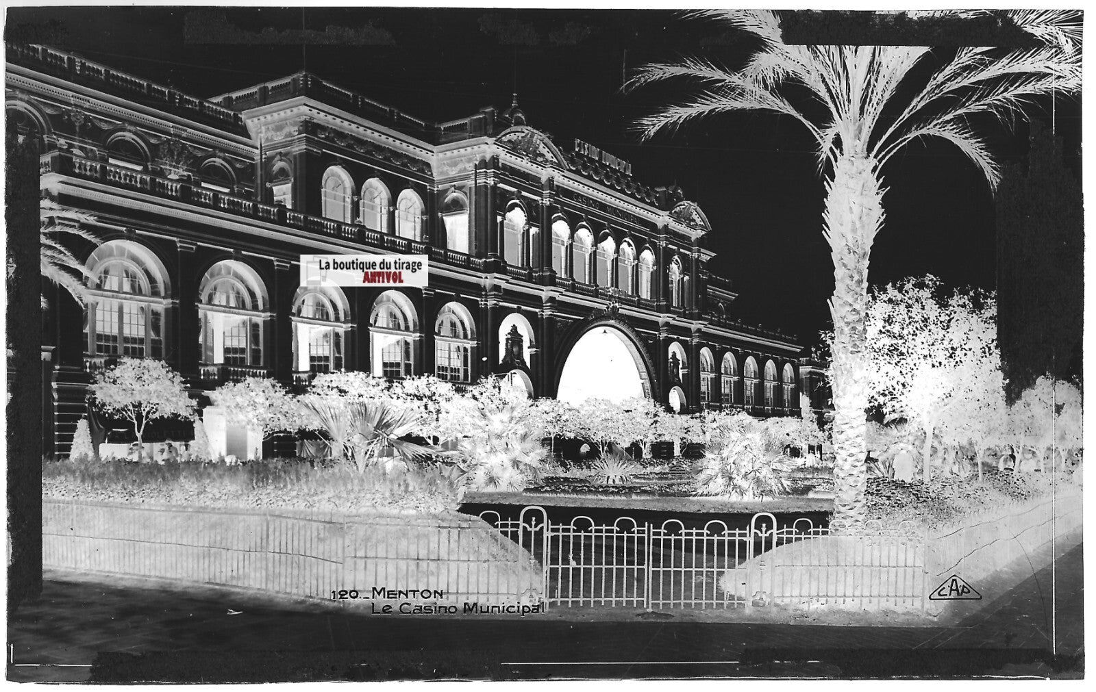 Plaque verre photo ancienne, négatif noir & blanc 9x14 cm, Menton, le Casino