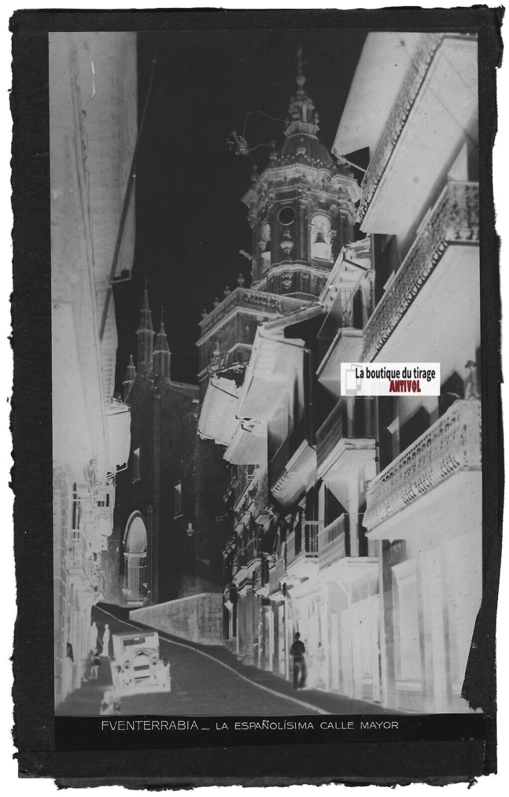 Plaque verre photo vintage négatif noir & blanc 9x14 cm Fuenterrabia, voiture