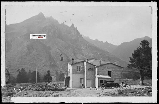 Plaque verre photo négatif noir & blanc 9x14 cm, Mont-Dore, téléphérique Sancy