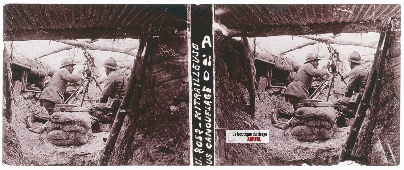 Mitrailleuse, soldats, WW1, plaque verre stéréo, photo ancienne 4,5x10,7 cm
