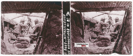 Mitrailleuse, soldats, WW1, plaque verre stéréo, photo ancienne 4,5x10,7 cm