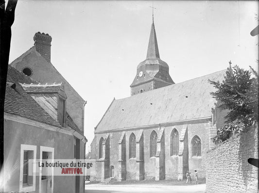 Église de village, campagne, plaque verre, photo ancienne, négatif 9x12 cm