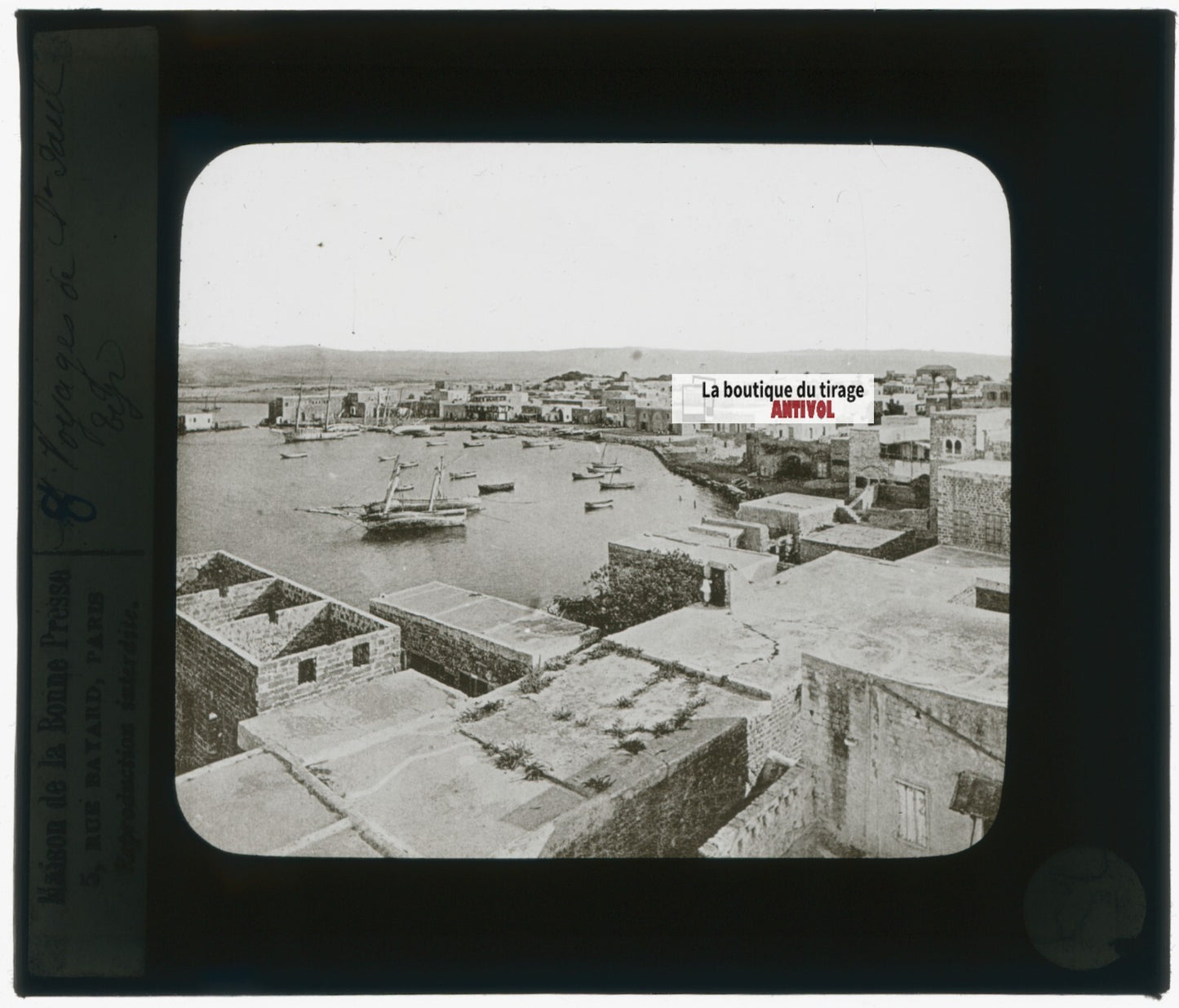 Tyr, Liban, port bateaux, photo plaque verre, noir & blanc, positif 8,5x10 cm