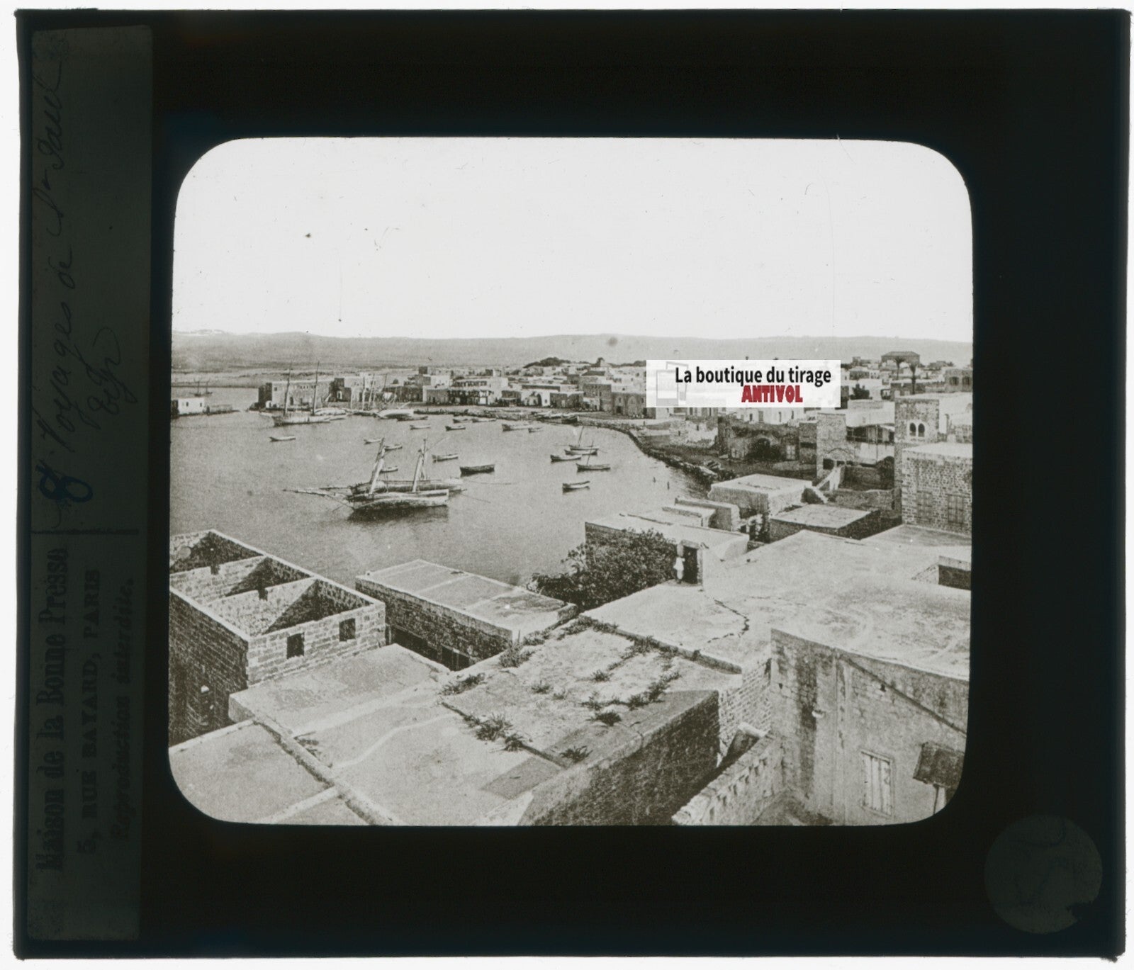 Tyr, Liban, port bateaux, photo plaque verre, noir & blanc, positif 8,5x10 cm