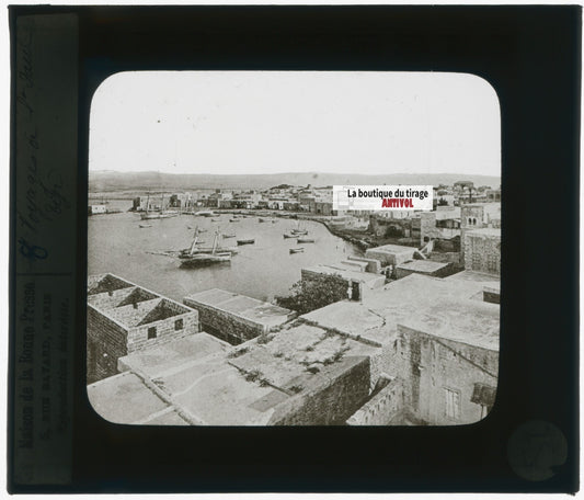 Tyr, Liban, port bateaux, photo plaque verre, noir & blanc, positif 8,5x10 cm