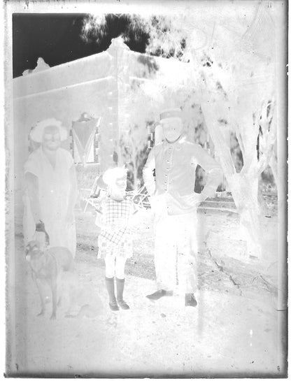 Plaque verre photo ancienne noir et blanc négatif 9x12 cm soldat famille chiens 