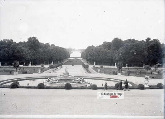 Jardins Versailles, bassin Latone, plaque verre photo ancienne, négatif 9x12 cm
