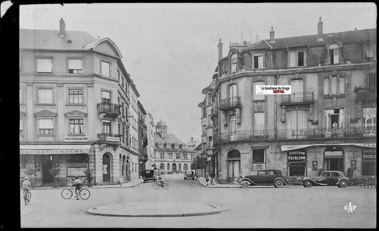 Plaque verre photo, négatif noir & blanc 9x14 cm, Sarrebourg, place de la gare