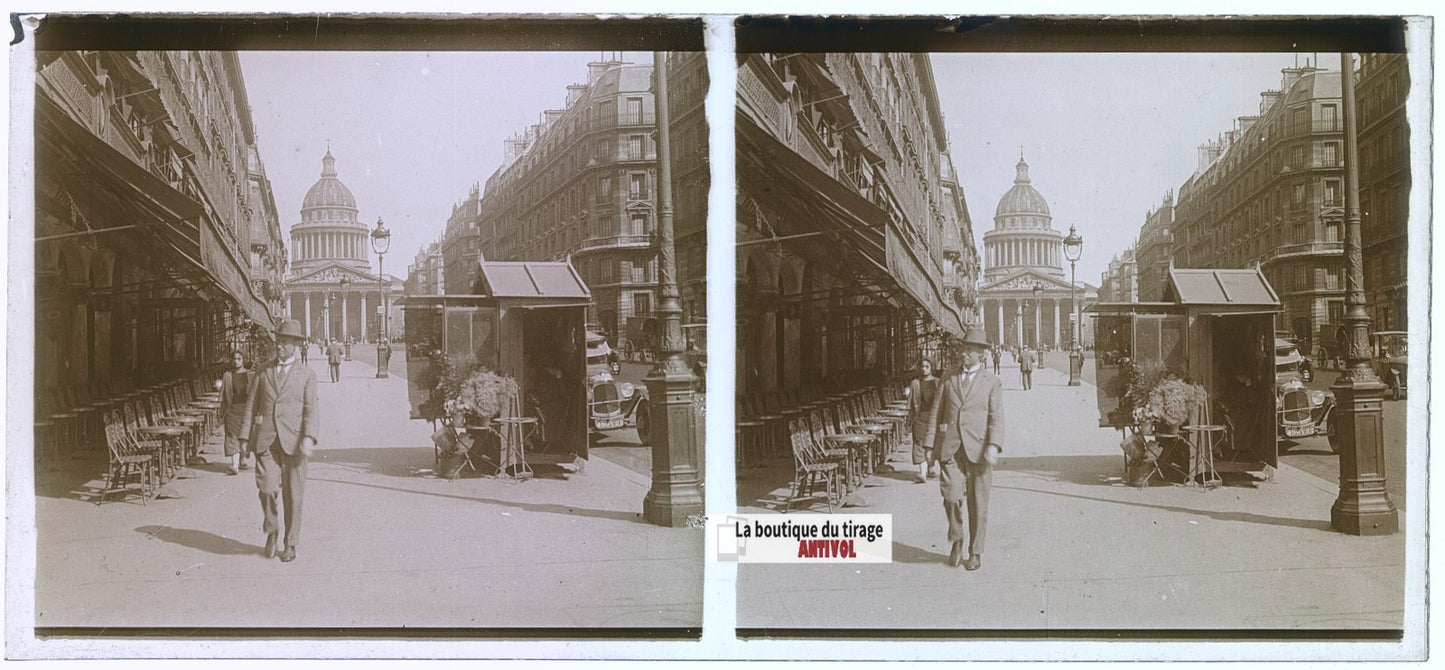 Rue Soufflot et Panthéon, Paris, plaque verre, photo stéréoscopie, N&B 6x13 cm