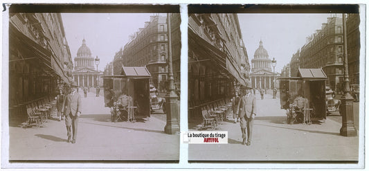 Rue Soufflot et Panthéon, Paris, plaque verre, photo stéréoscopie, N&B 6x13 cm