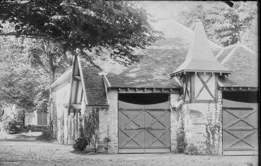 Plaque verre photo ancienne négatif 9x14 cm, noir et blanc château arbre portail