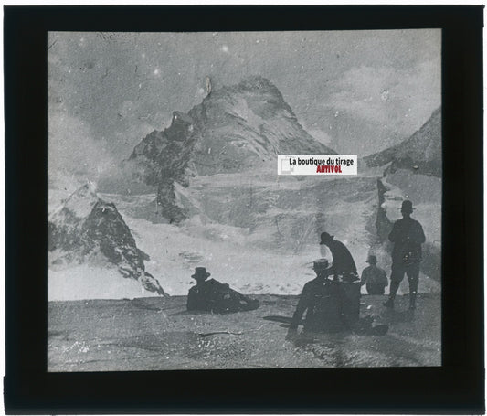 Alpinistes, paysage Suisse, photo plaque verre, noir & blanc, positif 8,5x10 cm