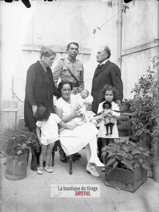 Portrait familial, soldat, plaque verre, photo ancienne, négatif 9x12 cm