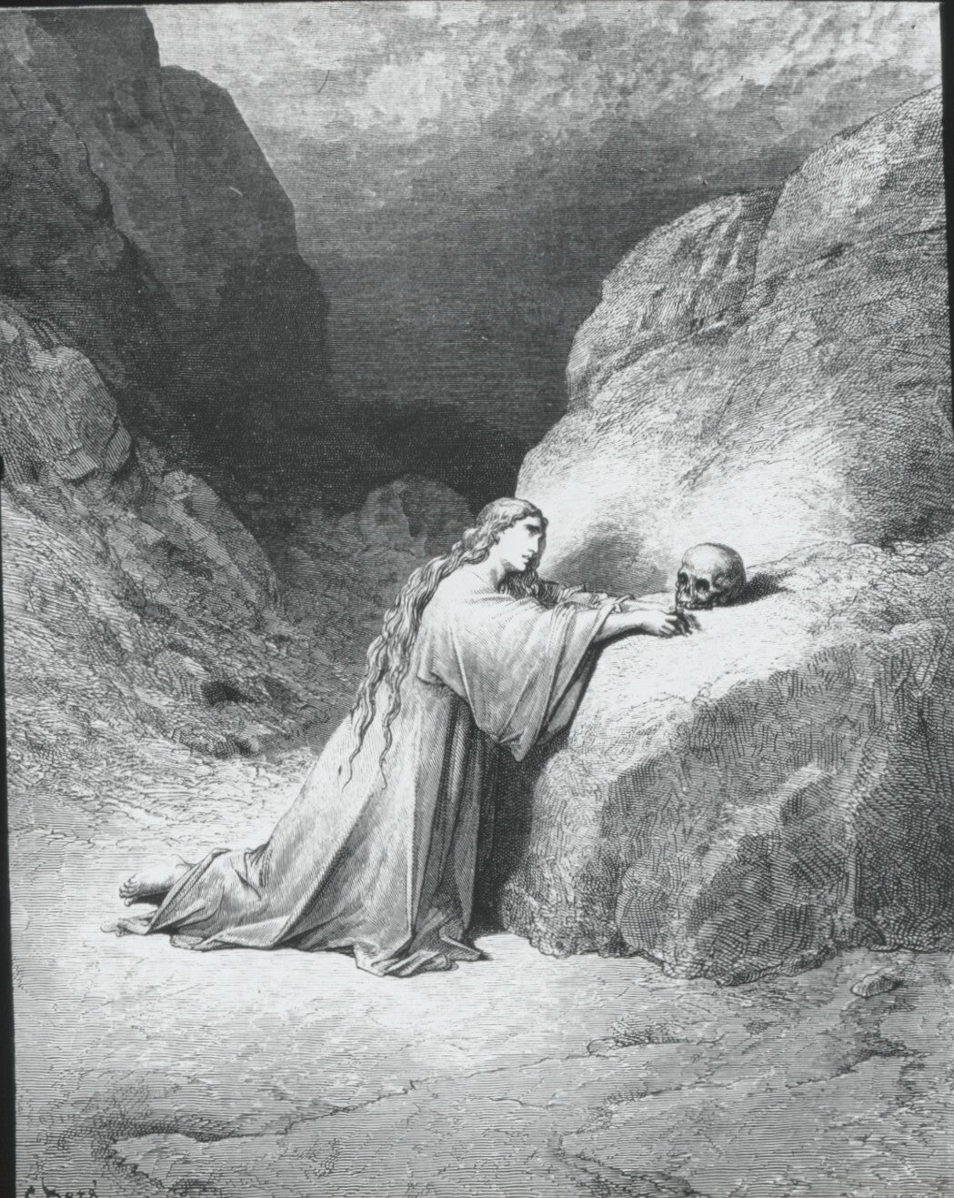 Marie Madeleine, Bible de Doré, dessin, plaque verre, positif 8,5x10 cm