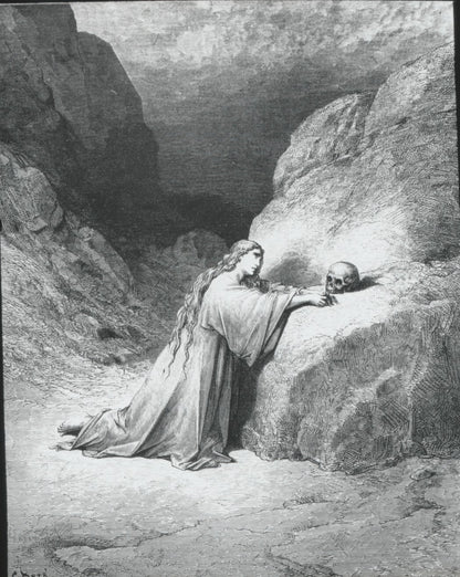 Marie Madeleine, Bible de Doré, dessin, plaque verre, positif 8,5x10 cm