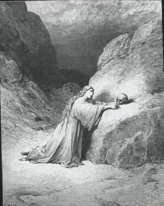 Marie Madeleine, Bible de Doré, dessin, plaque verre, positif 8,5x10 cm