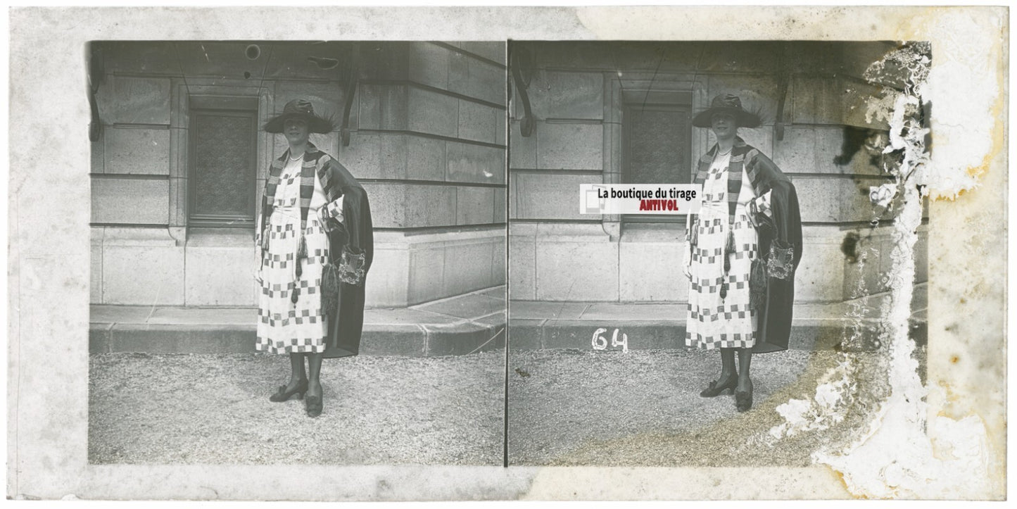 Scène de vie, Longchamp, Paris, plaque verre stéréoscopique, positif 8,5x17 cm