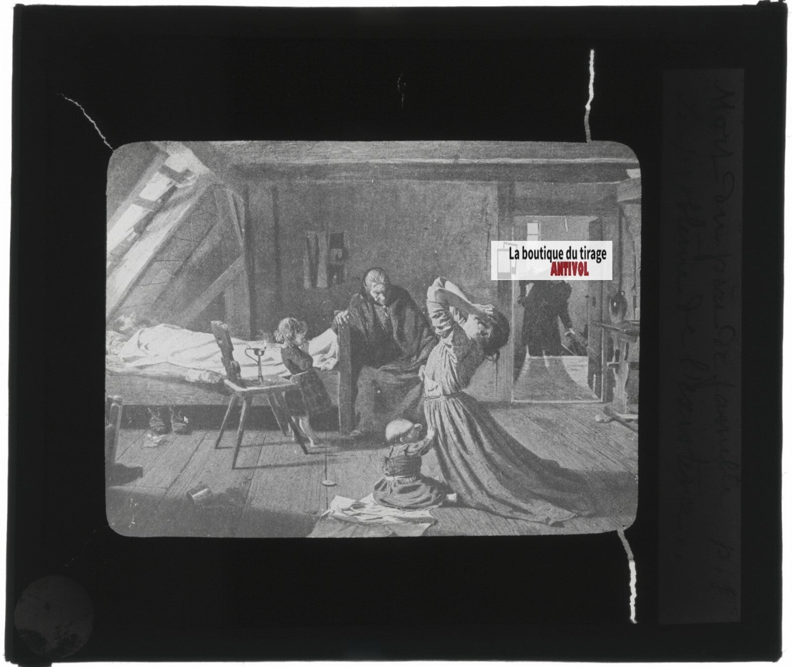 Scène religieuse, religion, dessin peinture, plaque verre, positif 8,5x10 cm