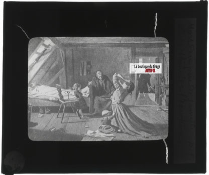 Scène religieuse, religion, dessin peinture, plaque verre, positif 8,5x10 cm