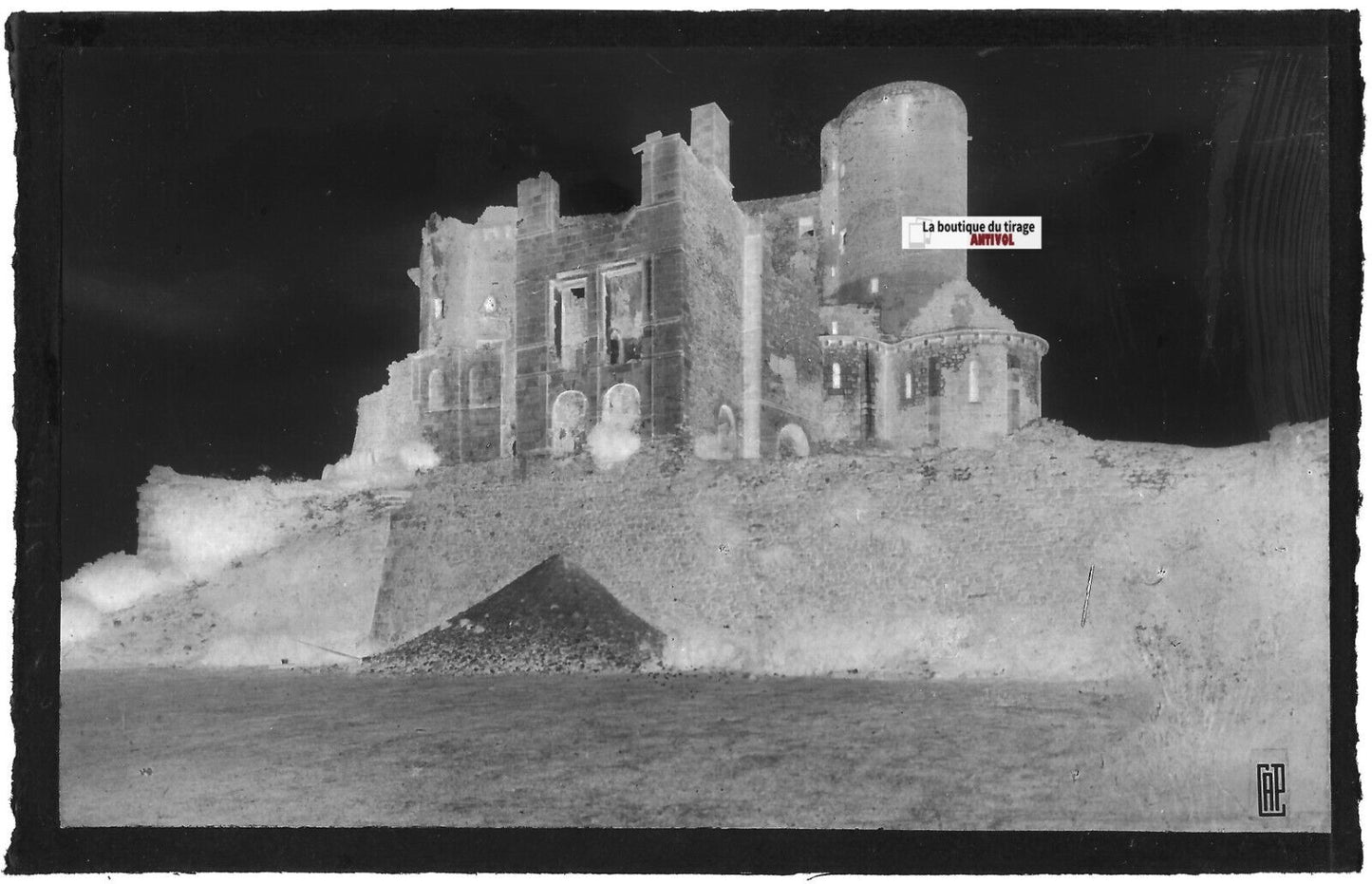 Plaque verre photo ancienne, négatif noir & blanc 9x14 cm, Murols, château ruine