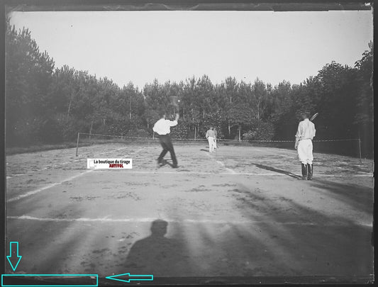 Tennis, Soldats, Camp Meucon, Plaque verre photo, négatif noir & blanc 9x12 cm